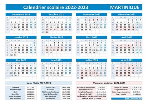 calendrier vacances martinique 2023
